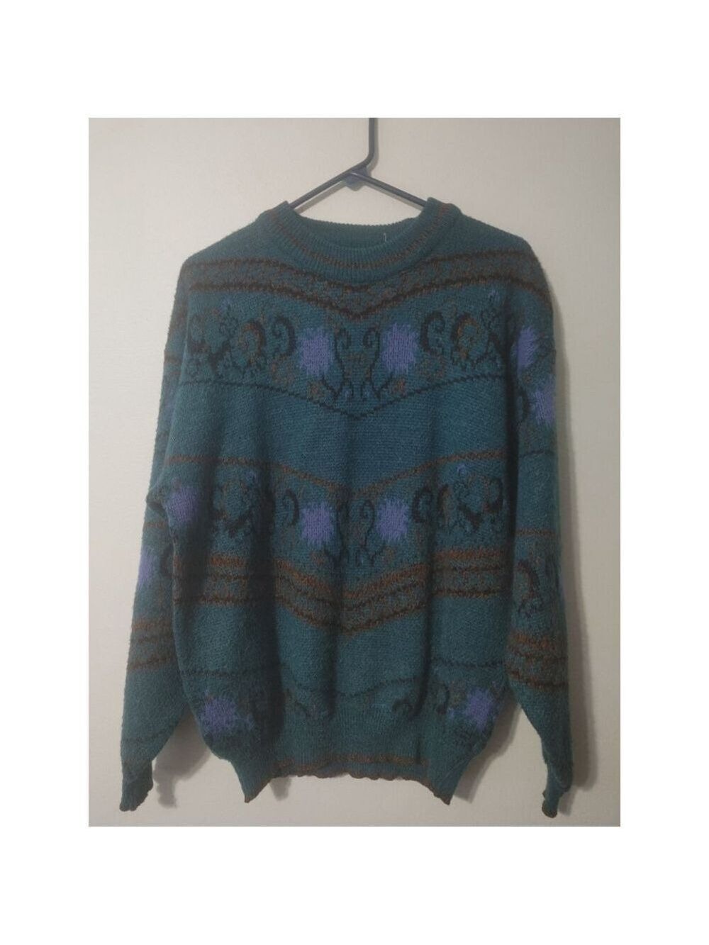 Women's(?) Vintage Adam Sloane Teal Brown Patterned Crew Neck Sweater L
